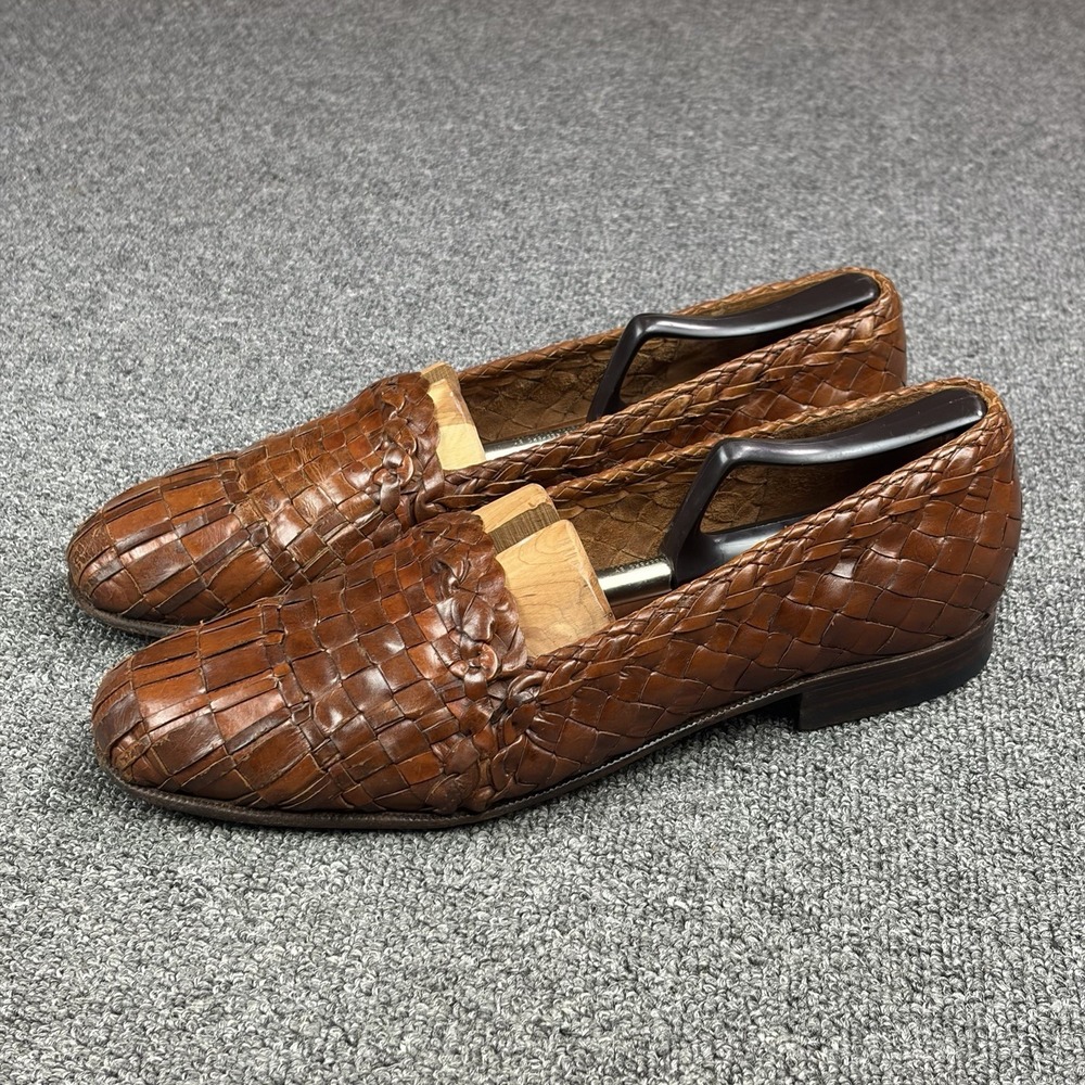 Moreschi Brown Woven Leather Loafers Mens 10 Handmade Italian Slip On Dress Shoe